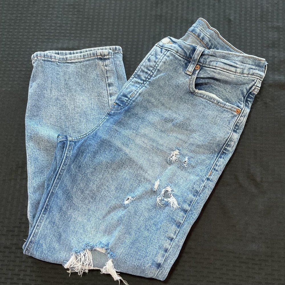 Old Navy Sky-Hi Straight Jeans‎ Womens 14 Medium Wash High Rise Distressed 33x26